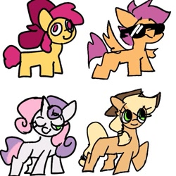 Size: 597x597 | Tagged: safe, artist:madiwann, derpibooru import, apple bloom, applejack, scootaloo, sweetie belle, earth pony, pegasus, pony, unicorn, g4, cutie mark crusaders, female, filly, foal, horn, mare, one eye closed, simple background, smiling, sunglasses, white background, wink