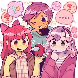 Size: 1080x1080 | Tagged: safe, artist:soupj4s, derpibooru import, apple bloom, scootaloo, sweetie belle, human, equestria girls, g4, ..., amogus, among us, blushing, clothes, cutie mark crusaders, exclamation point, hoodie, jacket, meme, one eye closed, open mouth, question mark, shirt, simple background, speech bubble, sus (among us), white background, wink