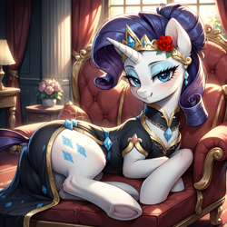 Size: 1536x1536 | Tagged: safe, ai content, derpibooru import, generator:stable diffusion, machine learning generated, rarity, pony, unicorn, g4, alternate hairstyle, armchair, backlighting, bedroom eyes, black dress, butt, chair, choker, clothes, column, curtains, cutie mark accessory, cutie mark on clothes, dock, dress, ear fluff, ear piercing, earring, ears, female, flower, flower in hair, frog (hoof), gem, generator:bluefox mix, hair bun, horn, indoors, jewelry, lamp, leg fluff, looking at you, lying down, mare, on side, piercing, pillow, plot, potted plant, prompter:tyto4tme4l, rose, smiling, smiling at you, solo, tail, tiara, underhoof, window