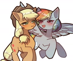 Size: 1826x1536 | Tagged: safe, artist:mugitya012, derpibooru import, applejack, rainbow dash, earth pony, pegasus, pony, g4, appledash, applejack's hat, blushing, clothes, cowboy hat, female, flying, hat, lesbian, looking at each other, looking at someone, mare, shipping, simple background, white background