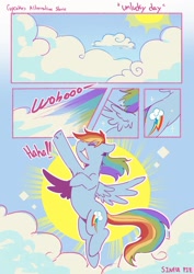 Size: 1366x1933 | Tagged: safe, artist:piesinful, derpibooru import, rainbow dash, pegasus, pony, comic:unlucky day, fanfic:cupcakes, g4, cheering, cloud, dialogue, eyebrows, eyebrows visible through hair, eyes closed, female, flying, mare, open mouth, open smile, outdoors, raised hoof, raised leg, signature, smiling, solo, spread wings, sun, talking, wings