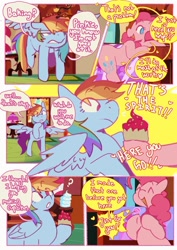 Size: 1366x1933 | Tagged: safe, artist:piesinful, derpibooru import, pinkie pie, rainbow dash, earth pony, pegasus, pony, comic:unlucky day, fanfic:cupcakes, g4, clapping, comic, cupcake, dialogue, duo, duo female, emanata, eye clipping through hair, eyebrows, eyebrows visible through hair, eyebrows visible through hairduo, eyes closed, female, floating heart, flying, food, frown, heart, indoors, looking at something, mare, no catchlights, open frown, open mouth, open smile, partially open wings, question mark, raised eyebrow, smiling, speech bubble, spread wings, sugarcube corner, talking, text, wings