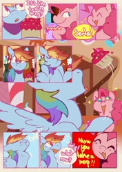 Size: 1366x1933 | Tagged: safe, artist:piesinful, derpibooru import, pinkie pie, rainbow dash, pegasus, pony, comic:unlucky day, fanfic:cupcakes, g4, :3, :o, blushing, candy, candy cane, comic, cupcake, dialogue, duo, duo female, eating, eyebrows, eyebrows visible through hair, eyes closed, female, floating heart, folded wings, food, gulp, heart, indoors, mare, motion lines, no catchlights, open mouth, open smile, raised eyebrow, shrug, smiling, sparkles, sparkly eyes, speech bubble, spread wings, sugarcube corner, talking, text, wingding eyes, wings