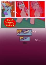 Size: 1366x1933 | Tagged: safe, artist:piesinful, derpibooru import, pinkie pie, rainbow dash, earth pony, pegasus, pony, comic:unlucky day, fanfic:cupcakes, g4, closing eyes, comic, dialogue, drugged, duo, duo female, eye clipping through hair, eyebrows, eyebrows visible through hair, eyes closed, female, indoors, lidded eyes, looking at you, mare, narrowed eyes, no catchlights, offscreen character, open mouth, open smile, passing out, pov, smiling, smiling at you, speech bubble, sugarcube corner, this will end in pain and/or death, unconscious, wide smile