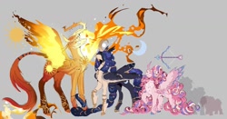 Size: 1194x625 | Tagged: safe, artist:piesinful, derpibooru import, princess cadance, princess celestia, princess luna, alicorn, pony, g4, alternate design, arrow, blindfold, bow (weapon), cupid, curved horn, female, fiery mane, fiery wings, gray background, hoof shoes, horn, horn jewelry, jewelry, leonine tail, mare, peytral, simple background, spread wings, tail, trio, unshorn fetlocks, wings