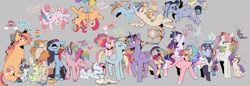 Size: 1816x625 | Tagged: safe, artist:piesinful, derpibooru import, oc, oc:apple carousel, oc:astral bolt, oc:birdsong, oc:blue heart, oc:candy pop, oc:cotton cloud, oc:dream seed, oc:farcical joke, oc:golden shine, oc:harvest flare, oc:milky way, oc:prism glow, oc:rainbow dash jr, oc:satin snow, oc:serenity, oc:sky chaser, oc:sour apple, oc:starrise, oc:sugar bliss, oc:supernova, oc:sweet wave, alicorn, butterfly, earth pony, pegasus, pony, unicorn, balloon, bandaid, book, bow, chains, choker, clothes, coat markings, colored wings, colt, eye scar, facial markings, facial scar, female, filly, flower, flower in hair, flying, foal, freckles, glasses, goggles, goggles on head, gray background, hair bow, hair bun, half-siblings, hat, headphones, horn, lab coat, lying down, magical lesbian spawn, makeup, male, mare, next generation, offspring, parent:applejack, parent:fluttershy, parent:pinkie pie, parent:rainbow dash, parent:rarity, parent:twilight sparkle, parents:appledash, parents:flutterdash, parents:pinkiedash, parents:raridash, parents:twidash, prone, rainbow dash gets all the mares, reading, riding, riding a pony, running makeup, scar, simple background, sitting, sleeping, spiked choker, spread wings, stallion, starry eyes, unshorn fetlocks, wall of tags, wingding eyes, wings