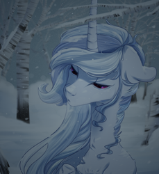 Size: 3200x3500 | Tagged: safe, artist:blackberry907, derpibooru import, oc, oc only, oc:anathema, pony, unicorn, bust, commission, female, forest, horn, mare, nature, slender, snow, snowfall, solo, thin, tree, winter, ych result