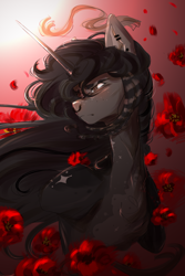 Size: 4000x6000 | Tagged: safe, artist:blackberry907, derpibooru import, oc, oc only, pony, unicorn, blushing, bust, ear piercing, earring, female, flower, freckles, high res, horn, jewelry, mare, nose piercing, nose ring, piercing, slender, solo, sternocleidomastoid, thin
