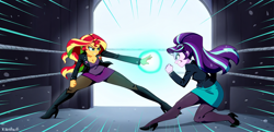 Size: 1856x896 | Tagged: source needed, safe, ai content, derpibooru import, generator:novelai, generator:stable diffusion, machine learning generated, starlight glimmer, sunset shimmer, human, equestria girls, g4, boots, breasts, business suit, cleavage, clothes, fight, high heel boots, high heels, horn, magic, pantyhose, prompter needed, shoes, suit, sunset vs starlight, unicorn horn