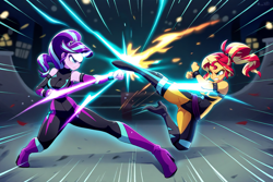 Size: 1344x896 | Tagged: source needed, safe, ai content, derpibooru import, generator:novelai, generator:stable diffusion, machine learning generated, starlight glimmer, sunset shimmer, human, equestria girls, g4, boots, catsuit, clothes, fight, high heel boots, high heels, kick, martial arts, prompter needed, shoes, sunset vs starlight