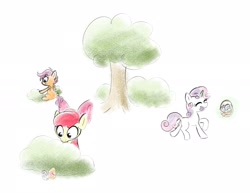 Size: 2463x1902 | Tagged: safe, artist:notfocks, derpibooru import, apple bloom, scootaloo, sweetie belle, earth pony, pegasus, pony, unicorn, g4, basket, butt, cutie mark crusaders, easter, easter egg, female, filly, foal, forest, holiday, horn, nature, plot, tree, trio