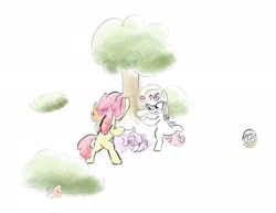 Size: 2463x1902 | Tagged: safe, artist:notfocks, derpibooru import, apple bloom, diamond tiara, scootaloo, silver spoon, sweetie belle, pegasus, pony, unicorn, g4, basket, beaten up, bow, butt, crying, cutie mark crusaders, easter, easter egg, female, fight, filly, foal, forest, hair bow, holiday, horn, jewelry, kicking, lying down, nature, plot, tiara, tree