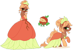 Size: 5040x3470 | Tagged: safe, artist:gihhbloonde, derpibooru import, applejack, earth pony, human, pony, african american, apple frog, applejack also dresses in style, bare shoulders, clothes, crossover, crossover fusion, crown, disney princess, dress, evening gloves, female, freckles, fusion, fusion:applejack, fusion:tiana, gloves, gown, hair bun, jewelry, lipstick, long gloves, ponified, princess tiana, regalia, sleeveless, species swap, standing, strapless, the princess and the frog, tiana, we have become one