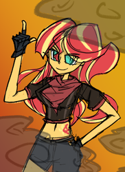 Size: 1098x1507 | Tagged: safe, artist:willowcatkin, derpibooru import, sunset shimmer, equestria girls, g4, belly, belly button, counter-strike, cutie mark on human, female, midriff, slender, solo, thin