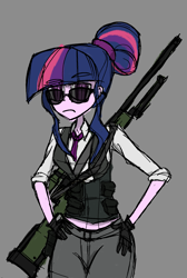 Size: 1411x2099 | Tagged: safe, artist:willowcatkin, derpibooru import, sci-twi, twilight sparkle, equestria girls, g4, badass, clothes, counter-strike, gray background, simple background, solo, suit