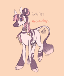 Size: 754x899 | Tagged: safe, artist:beyhr, derpibooru import, part of a set, oc, oc only, oc:peach fizz, zebra, cloven hooves, colored hooves, curly hair, curly mane, curly tail, eye clipping through hair, eyebrows, eyebrows visible through hair, female, hair accessory, hair bun, leonine tail, looking back, no catchlights, non-pony oc, orange background, purple eyes, raised leg, signature, simple background, smiling, striped, stripes, tail, tall ears, text, tied mane, two toned mane, two toned tail, white coat