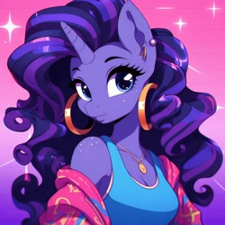 Size: 1024x1024 | Tagged: safe, ai content, derpibooru import, machine learning generated, oc, oc only, anthro, unicorn, abstract background, adorasexy, anthro oc, breasts, cleavage, clothes, cute, ear piercing, earring, female, freckles, horn, jewelry, necklace, piercing, prompter:horselover fat, reasonably sized breasts, sexy, simple background, solo, tanktop, unicorn oc