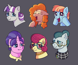 Size: 1280x1071 | Tagged: safe, artist:brightsnap, derpibooru import, cloudy quartz, cookie crumbles, pear butter, posey shy, twilight velvet, windy whistles, earth pony, pegasus, pony, unicorn, g4, ear piercing, earring, ears, eyes closed, female, floppy ears, glasses, hooves on face, horn, jewelry, lidded eyes, mare, mom six, necklace, open mouth, open smile, piercing, smiling, squishy cheeks, starry eyes, wingding eyes