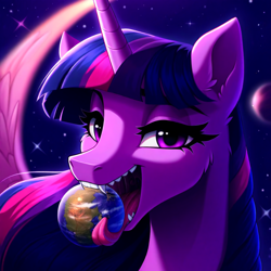 Size: 1024x1024 | Tagged: safe, ai content, derpibooru import, generator:novelai, generator:stable diffusion, machine learning generated, twilight sparkle, twilight sparkle (alicorn), alicorn, pony, g4, bust, close-up, depth of field, fangs, female, giantess, giga, looking at you, macro, mega giant, object vore, open mouth, planet, pony bigger than a planet, portrait, prompt in description, sharp teeth, slender, solo, teeth, thin, tongue, tongue out, uvula