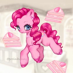 Size: 1200x1200 | Tagged: safe, artist:krol2501, derpibooru import, pinkie pie, earth pony, pony, g4, :p, abstract background, big eyes, big forehead, blue eyes, blushing, choker, colored hooves, colored pinnae, cupcake, curly hair, curly mane, curly tail, cute, ear blush, ear piercing, earring, eyeshadow, female, food, in air, jewelry, knee blush, looking at you, makeup, mare, piercing, pink mane, shiny hooves, solo, tail, tongue, tongue out, unshorn fetlocks, wingding eyes