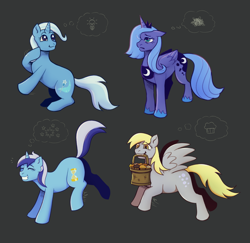 Size: 3803x3694 | Tagged: safe, artist:brightsnap, derpibooru import, derpy hooves, minuette, princess luna, trixie, alicorn, pegasus, pony, unicorn, g4, basket, ears, eyes closed, female, floppy ears, folded wings, food, frown, gray background, grin, happy, hoof shoes, horn, looking up, mare, mouth hold, muffin, princess shoes, s1 luna, sad, simple background, smiling, spread wings, starry eyes, tail, wingding eyes, wings