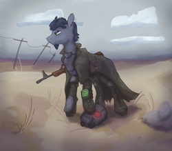 Size: 1600x1400 | Tagged: safe, artist:patsyuk, derpibooru import, oc, oc only, earth pony, pony, fallout equestria, beard, clothes, cloud, detailed background, facial hair, male, solo, weapon