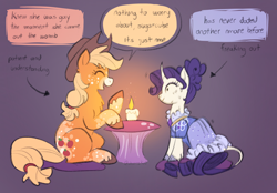 Size: 2048x1423 | Tagged: safe, artist:churrokat, derpibooru import, applejack, rarity, classical unicorn, earth pony, pony, unicorn, g4, alternate design, alternate hairstyle, alternate tailstyle, applejack's hat, blonde, blonde mane, blonde tail, body freckles, candle, candlelight dinner, chest fluff, clothes, cloven hooves, colored hooves, colored muzzle, colored sketch, cowboy hat, curly hair, curly mane, curly tail, curved horn, cushion, dialogue, dress, ear fluff, ears, eyebrows, eyebrows visible through hair, facial markings, fancy dress, female, fetlock tuft, freaking out, freckles, gown, gradient background, hair bun, hat, height difference, horn, leg freckles, leonine tail, lesbian, mare, mealy mouth (coat marking), motion lines, nervous, nervous smile, nervous sweat, open mouth, open smile, orange coat, physique difference, ponytail, profile, purple mane, purple tail, raised hoof, raised leg, rarijack, redesign, ringlets, shipping, shrunken pupils, sitting, sketch, smiling, speech bubble, splotches, straight mane, straight tail, sweat, tail, talking, text, tied mane, tied tail, unicorn horn, unshorn fetlocks, wall of tags, white coat, wide eyes