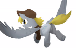 Size: 2314x1541 | Tagged: safe, artist:mandumustbasukanemen, derpibooru import, derpy hooves, pegasus, pony, g4, butt, featureless crotch, female, flying, looking forward, mailmare, mailmare uniform, mare, plot, rear view, simple background, smiling, solo, spread wings, white background, wings
