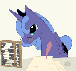 Size: 2131x1983 | Tagged: safe, artist:mandumustbasukanemen, derpibooru import, princess luna, alicorn, pony, g4, abacus, beige background, desk, eyeshadow, female, folded wings, glasses, half body, luna's crown, makeup, mare, missing accessory, quill, s1 luna, simple background, solo, wings, writing