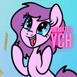 Size: 1080x1080 | Tagged: safe, artist:lannielona, derpibooru import, oc, oc only, pony, advertisement, animated, bits, cash, commission, female, gif, gradient background, mare, money, solo, wingding eyes, winner, ych animation, ych example, your character here