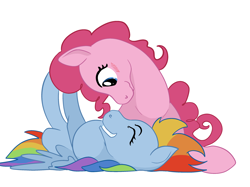 Size: 2732x2048 | Tagged: safe, artist:mandumustbasukanemen, derpibooru import, pinkie pie, rainbow dash, pony, g4, blushing, duo, eye contact, female, lesbian, looking at each other, looking into each others eyes, lying down, mare, on back, pinkiedash, playing, shipping, smiling