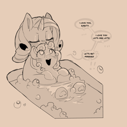 Size: 1200x1200 | Tagged: safe, artist:cold-blooded-twilight, derpibooru import, rarity, sweetie belle, pony, unicorn, g4, bathtub, blushing, bubble, confession, dialogue, eyes closed, female, filly, foal, heart, horn, incest, lesbian, mare, monochrome, raricest, ship:raribelle, shipping, siblings, sisters, sketch, speech bubble, underhoof