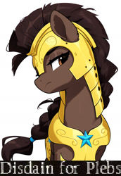 Size: 1280x1856 | Tagged: safe, ai content, derpibooru import, generator:novelai, generator:stable diffusion, machine learning generated, oc, oc only, earth pony, pony, armor, armored pony, brown coat, brown eyes, brown mane, caption, disdain, disdain for plebs, exploitable meme, female, frown, guardsmare, image macro, mare, meme, prompter needed, reaction image, royal guard, simple background, solo, text, white background