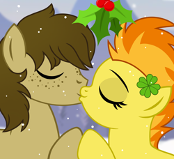 Size: 1200x1095 | Tagged: safe, artist:jennieoo, derpibooru import, spitfire, oc, pegasus, pony, commission, freckles, holly, holly mistaken for mistletoe, kiss on the lips, kissing, vector, ych example, ych result, your character here
