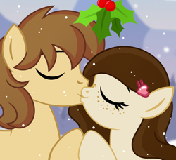 Size: 1200x1095 | Tagged: safe, artist:jennieoo, derpibooru import, oc, oc only, pony, commission, female, freckles, holly, holly mistaken for mistletoe, kiss on the lips, kissing, male, mare, snow, snowfall, solo, stallion, vector, ych example, ych result, your character here