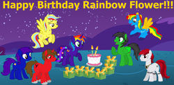 Size: 7875x3860 | Tagged: safe, artist:star-armour95, derpibooru import, oc, oc only, oc:llumi knight, oc:michelle lightheart, oc:rainbow flower, oc:scotty scorpion, oc:shield wing, oc:sky shine, oc:star armour, g4, birthday cake, cake, female, food, happy birthday, male