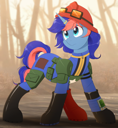 Size: 1300x1404 | Tagged: safe, artist:higglytownhero, derpibooru import, oc, oc only, oc:ryo, pony, unicorn, fallout equestria, armor, boots, clothes, determined, fallout equestria oc, female, goggles, hair tie, hat, helmet, horn, horn ring, jumpsuit, looking offscreen, patch, pipbuck, ponytail, pouch, ring, shoes, solo, tree, vault suit