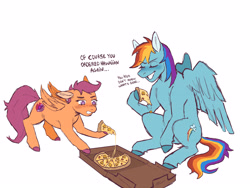 Size: 4000x3000 | Tagged: safe, artist:medictastic, derpibooru import, rainbow dash, scootaloo, pegasus, pony, g4, dialogue, ears, female, filly, floppy ears, foal, food, ham, mare, meat, pineapple, pineapple pizza, pizza, pizza box, smiling