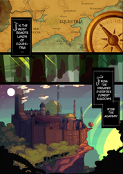 Size: 2000x2814 | Tagged: safe, artist:lumo, derpibooru import, comic:lumo's pony academy, fanfic:where the world ends, academy, castle, cliff, comic, compass, engrish, forest, map, nature, pony academy (chapter 1), text, tree