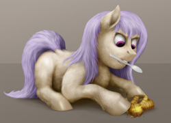 Size: 1000x721 | Tagged: safe, artist:anonymous, derpibooru import, oc, oc only, earth pony, pony, /ptfg/, angry, digital painting, female, ginger, ginger root, lying down, mare, mouth hold, prone, shiny hooves, solo, spoon