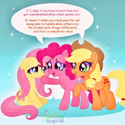 Size: 1500x1500 | Tagged: safe, artist:faelingmagic, derpibooru import, applejack, fluttershy, pinkie pie, earth pony, pegasus, pony, g4, comforting, cute, female, film grain, folded wings, looking at each other, looking at someone, mare, positive ponies, raised hoof, raised leg, signature, sitting, sparkles, speech bubble, standing, trio, upset, wings