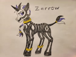 Size: 4032x3024 | Tagged: safe, artist:veprem, derpibooru import, oc, oc only, oc:zarrow, hybrid, zony, colored, concave belly, fit, horn, jewelry, male, slender, solo, stallion, thin, traditional art, zony oc