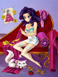 Size: 2448x3271 | Tagged: safe, artist:semehammer, derpibooru import, opalescence, rarity, human, art pack:my little sweetheart, g4, clothes, fainting couch, female, high heels, humanized, measuring tape, mouth hold, my little sweetheart, needle, sewing, sexy, shoes, sitting
