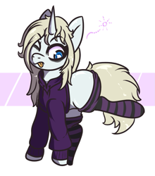 Size: 833x945 | Tagged: safe, artist:lazerblues, derpibooru import, oc, oc only, oc:synthwave, pony, unicorn, bags under eyes, clothes, hoodie, horn, one eye closed, socks, solo, stretching, striped socks, tongue, tongue out