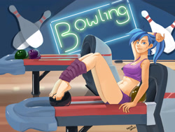 Size: 3375x2535 | Tagged: safe, artist:kevinsano, derpibooru import, allie way, human, art pack:my little sweetheart, blue hair, bowling alley, bowling ball, bowling pin, clothes, humanized, neon, neon sign, ponytail, signature, tanktop