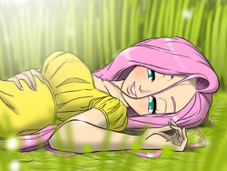 Size: 3375x2536 | Tagged: safe, artist:aeolus06, derpibooru import, fluttershy, human, art pack:my little sweetheart, g4, breasts, colored pupils, cute, female, grass, grin, humanized, lidded eyes, lips, looking at you, lying down, my little sweetheart, on back, outdoors, shyabetes, smiling, solo