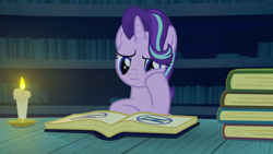 Size: 600x338 | Tagged: safe, artist:.derpy., derpibooru import, starlight glimmer, pony, unicorn, g4, animated, book, bored, candle, horn, library, magic, magic aura, reading, sitting, solo, studying