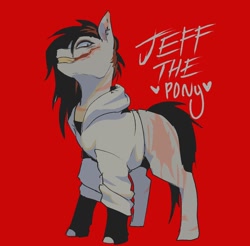 Size: 1190x1172 | Tagged: safe, artist:piesinful, derpibooru import, earth pony, pony, burn scar, burned, clothes, hoodie, jeff the killer, male, meme, ponified, red background, scar, simple background, solo, species swap, stallion