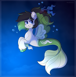Size: 4000x4101 | Tagged: safe, artist:madelinne, derpibooru import, oc, oc only, fish, merpony, sea pony, seapony (g4), bubble, clothes, crepuscular rays, dorsal fin, ear fluff, ears, female, fin, fin wings, fins, fish tail, flowing mane, flowing tail, looking at you, mare, ocean, scales, see-through, smiling, smiling at you, solo, swimming, tail, underwater, unshorn fetlocks, water, wings