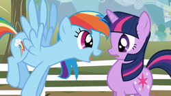 Size: 3840x2160 | Tagged: safe, derpibooru import, screencap, rainbow dash, twilight sparkle, unicorn twilight, pegasus, pony, unicorn, g4, season 1, the ticket master, duo, duo female, eye contact, female, fence, flying, horn, looking at each other, looking at someone, mare, open mouth, open smile, outdoors, side view, smiling, spread wings, wings